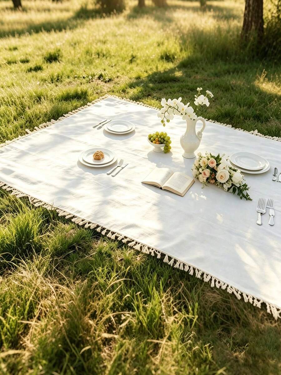 1PC Minimalist Solid Color Picnic Blanket - Tassel Edge, Tassel ...
