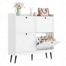 Tall, narrow shoe cupboard with 4 hinged doors – Adjustable shelves, MDF with legs – Modern, space-saving design for the hall/corridor/living room – White - Weiss - Übersicht 9