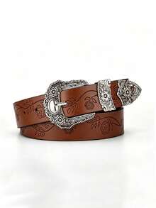 1pc New Leaf Print Lucky Clover Vintage Carved Niche Design Leather Belt, Versatile For Jeans And Dresses - Leaf - View 8