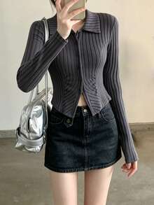 Atasan Lengan Panjang Slim Fit Desain Baru Musim Gugur yang Menawan - Grey - View 2