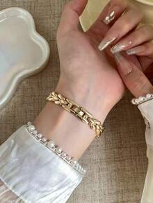 1pc Exquisite White Oval Small Dial Unique Gold Strap Thin Bracelet Vintage Style, Suitable For Women's Daily Wear - Gold - View 5
