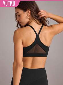 VUTRU 1pc Spaghetti Strap Mesh Patchwork Sports Bra Backless One-Piece Yoga Pilates Fitness Tank Top Black - Black - View 1