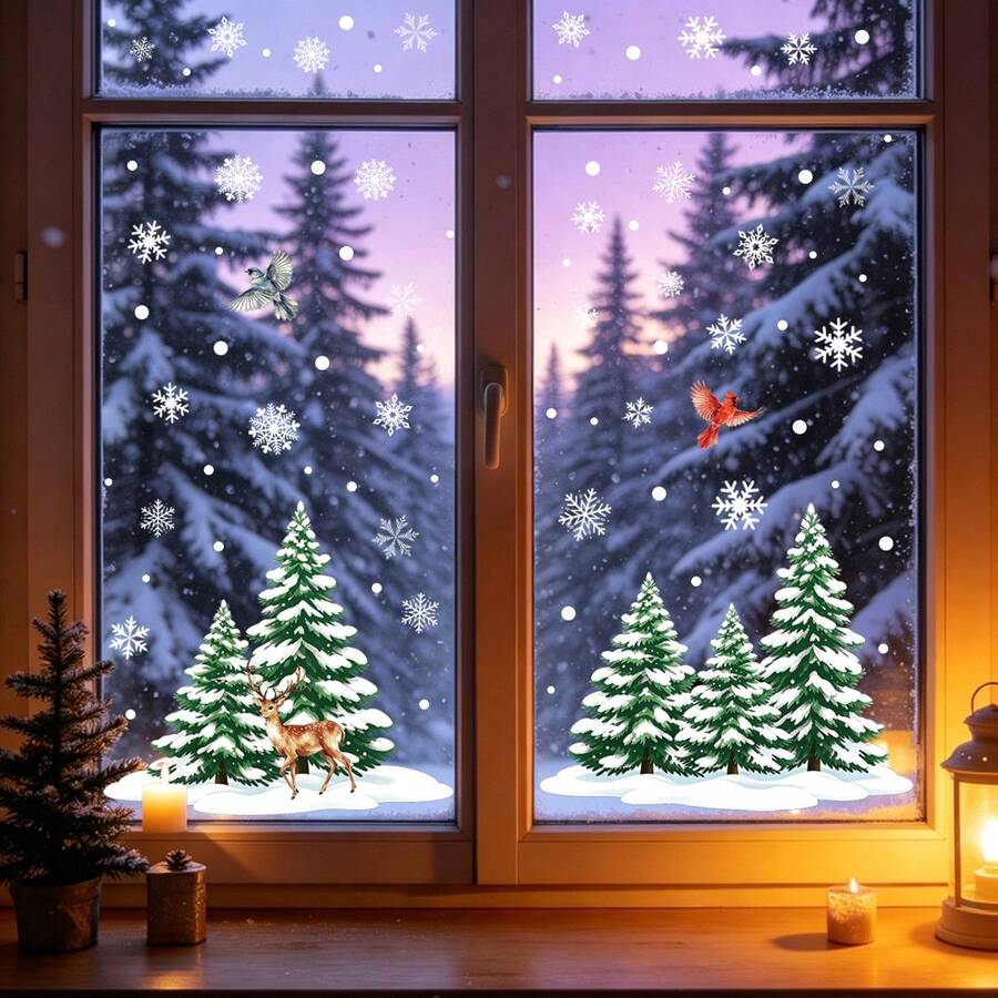 1 Set Christmas Snowflake, Christmas Tree, Bird Pattern Decorative Stickers, Christmas Static Window Stickers, Holiday Party Home Decor Stickers, Christmas Party DIY Decorative Window Stickers, Atmosphere Creating Supplies, Photo Props, Suitable For Christmas Home Decor, Holiday Party Window Decoration, Store Window Decorative Stickers - Multicolor - View 1