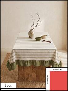 1pc Beige Base Green Fine Stripe & Olive Green Ruffle Edge Tablecloth, Fresh Natural Style Fabric Rectangular Tablecloth With Olive Green Ruffle Edge Patchwork Detail, Decorative & Functional For Daily Home Dining And Fresh Home Decor - Multicolor - View 11