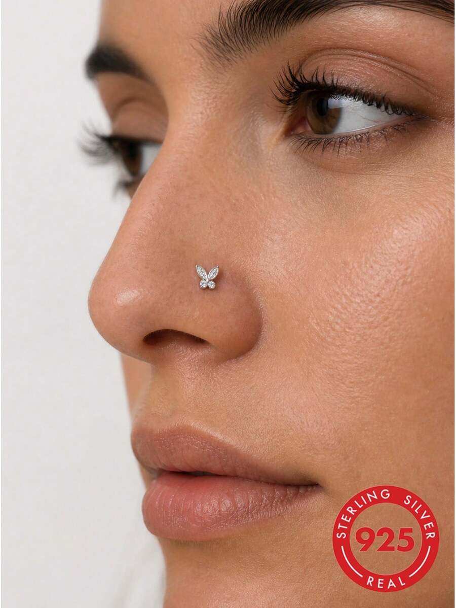 lunastudio 1pc 925 Sterling Silver Butterfly Nose Stud For Women Daily Wear - Silver - View 1