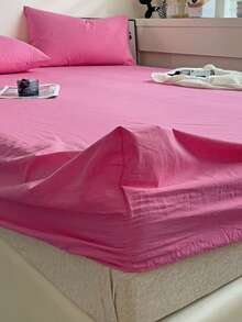 Rose Red Solid Color Skin-Friendly Brushed Bed Sheet Set (1*Bed Sheet + 2*Pillowcases), Suitable For Bedroom And Guest Room, All Season Use, Machine Washable, Dark Green/Blue/Dark Brown/Burgundy/Pale Yellow/Coffee Brown/Light Gray Purple/White - Rose Red - View 5