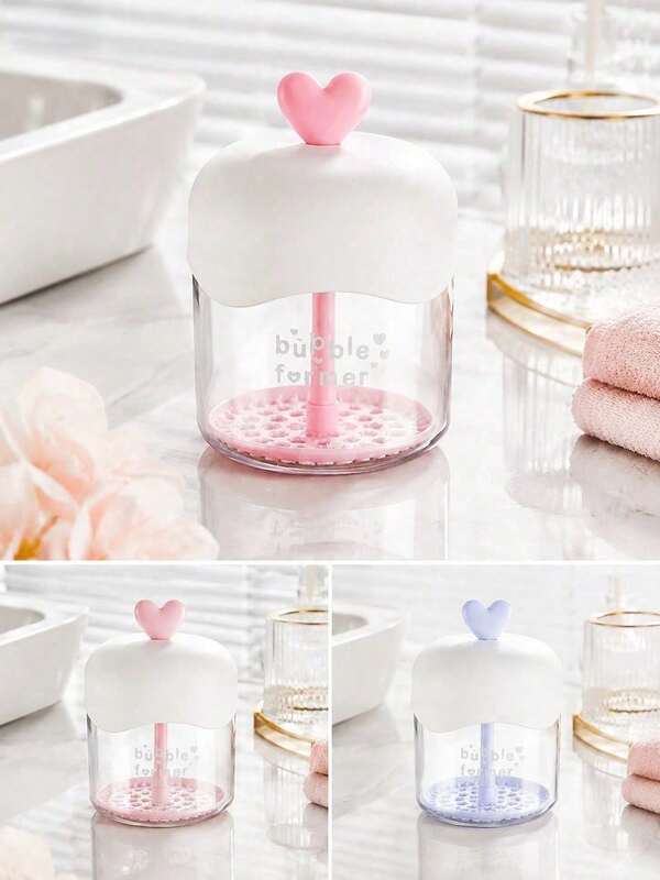 1pc Cute Heart-Shaped Facial Foam Bottle, Manual Face Cleansing Foam Cup, Reusable Bubble Foaming Container, Can Produce Rich Foam, Shampoo Body Wash Soap Liquid Mixer, Bathroom Skincare Beauty Tool, Makeup Vanity