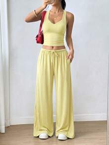 FWH Women's Spaghetti Strap Backless Sports Set, Women's Tank Top + Straight Loose Long Pants Sports Two Pieces Set Yellow - Yellow - View 1