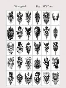 30pcs Black Waterproof Tattoo Stickers, Temporary Tattoo Stickers With, Skull, Lion, Tiger Small Patterns, Suitable For Hands And Bodies Men And Women Decor - Black - View 12