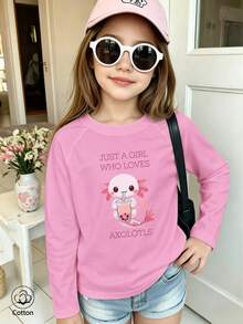 Girls' Cotton Raglan Long-Sleeve T-Shirt, Long Sleeves For Autumn & Winter, Pink Axolotl Bubble Tea Print, Cute Sweet Girly Preppy Style - Light Wine Red - View 1