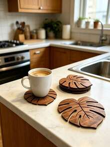 1/2/4pcs Natural Wooden Monstera Leaf Coaster Set, Heat Resistant Non-Slip Coffee & Beverage Cup Mat, Coffee Bar Tabletop Decor Protective Pad, Ideal Gift For Christmas And Thanksgiving - Multicolor - View 2