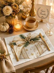 Christmas Table Runner, Throw Pillow, Placemat, Vintage Gold Star Gift Box Bow Pine Branch Berry Print, Kitchen Dining Room Holiday Tabletop Decor - Multicolor - View 5