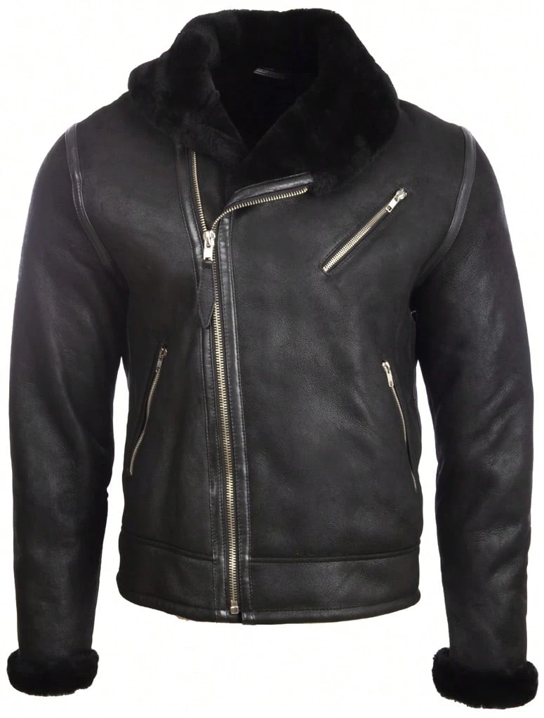 AVIATRIX Men's Genuine Leather Shearling Jacket OBRS Black - Black - View 1