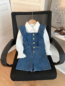 Thời trang cho bé gái đầu thu thanh lịch, áo blouse trắng cổ bẻ tay phồng có cổ tay nhún + jumpsuit xanh tay bèo cài nút đơn, phù hợp mặc hàng ngày mùa hè, đi học, đi chơi ngoài trời và du lịch - trắng - Xem 1
