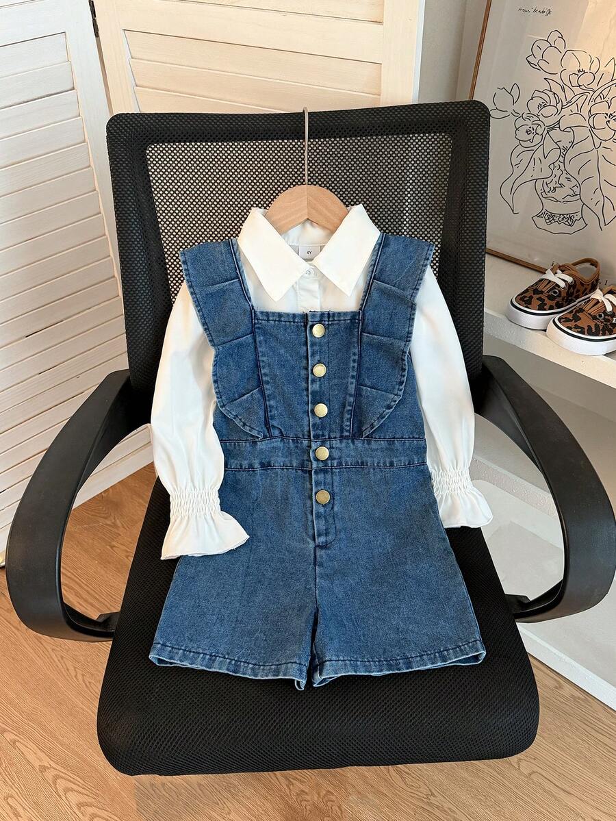 Thời trang cho bé gái đầu thu thanh lịch, áo blouse trắng cổ bẻ tay phồng có cổ tay nhún + jumpsuit xanh tay bèo cài nút đơn, phù hợp mặc hàng ngày mùa hè, đi học, đi chơi ngoài trời và du lịch - trắng - Xem 1
