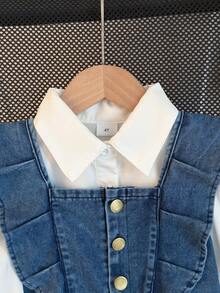 Thời trang cho bé gái đầu thu thanh lịch, áo blouse trắng cổ bẻ tay phồng có cổ tay nhún + jumpsuit xanh tay bèo cài nút đơn, phù hợp mặc hàng ngày mùa hè, đi học, đi chơi ngoài trời và du lịch - trắng - Xem 5