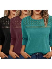 3pcs Solid Color Women's Knitted Round Neck T-Shirt, Hollow Patchwork Detail, 3/4 Sleeve Spring/Autumn Top - Black + Reddish-brown + Peacock Blue - View 1