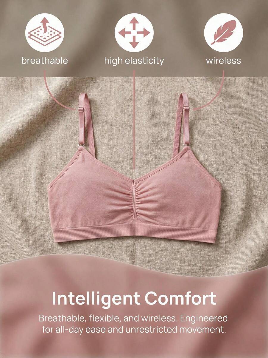 Seamless Lingerie Set, Comfortable Casual Bra, Adjustable Straps - Pink - View 1