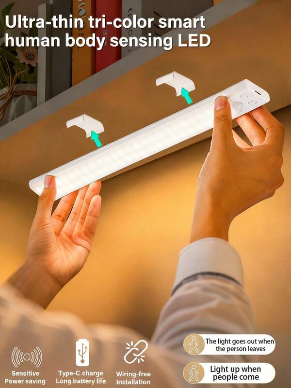 1 buah Lampu Malam LED Nirkabel dengan Sensor Gerak, 3 Pilihan Warna Pencahayaan, Baterai Isi Ulang, Pemasangan Mudah Tanpa Kabel, Cocok untuk Lorong, Lemari, Rak dan Dekorasi Rumah