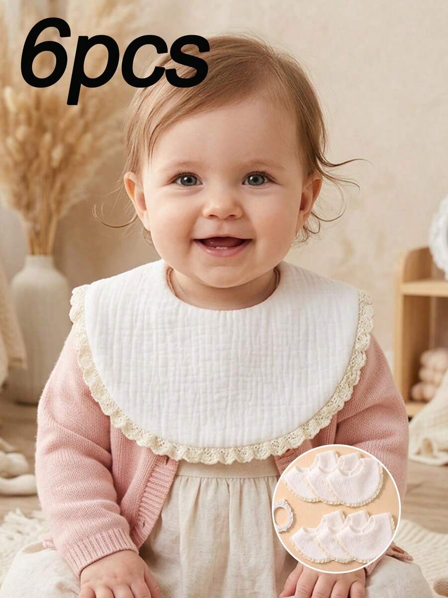 6pcs White Pure Cotton Gauze Cute Baby Bibs, Soft Skin-Friendly Baby Drool Bib Set, Suitable For Daily Use - Multicolor - View 1