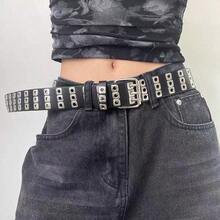 1件美式時尚休閒鉚釘極簡百搭女款PU皮革腰帶 - 方形氣眼針扣黑色 - 查看 2