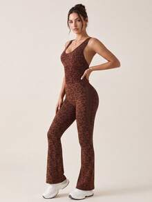 Women's Shaping Jumpsuit Leopard Print Twisted Cross Backless Design Seamless Yoga Wear Daily Outfit Halloween Sports - Brown - View 7