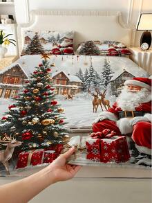 1PC Christmas Theme Fitted Sheet (Only Fitted Sheet, No Pillowcase), Santa Claus, Christmas Tree, Reindeer Print Fitted Sheet, Soft And Comfortable 100% Polyester Fabric, Suitable For Bedroom, Guest Room, School Dormitory Fitted Sheet, Easy To Remove And Machine Washable, All Season Mattress Protector - Multicolor - View 6