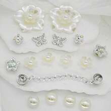 26pcs Moonlight White Iridescent Silver Rhinestone Hollow Shoes Charms, Pearl Flower Butterfly Chain DIY Shoe Buckle Accessories Set - Silver - View 5