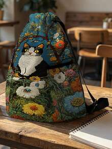 1PC Drawstring Backpack, Drawstring Sack, Sports Backpack, Large‑Capacity Lightweight Style, Outdoor & Fitness Storage Bag, Cat‑Pattern Printed, Convenient For Storing Sports Gears And Changing Clothes - Flower Kitten 8401837 - View 1