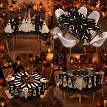 1pc,Vintage Halloween Tablecloth, Ghost Pumpkin Bat Black Cat Print Polyester Table Cover, Halloween Dining Table Decor For Kitchen, Party, Family Gathering And Holiday Home Decoration - B - View 1