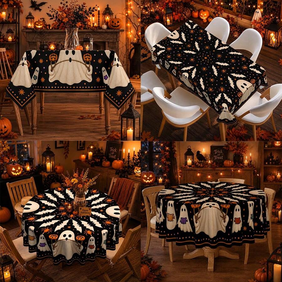 1pc,Vintage Halloween Tablecloth, Ghost Pumpkin Bat Black Cat Print Polyester Table Cover, Halloween Dining Table Decor For Kitchen, Party, Family Gathering And Holiday Home Decoration - B - View 1