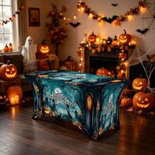 1pc Cartoon Happy Halloween Slogan Print High Elasticity Tablecloth With Elastic Band Full Edge - Stretchable Fit, Washable And Reusable Table Cover Suitable For Dining Table, Buffet Table, Dessert Table, Banquet, Holiday Party Decoration, Halloween, Birthday, Wedding - Suitable For Kitchen Use - Multicolor - View 7