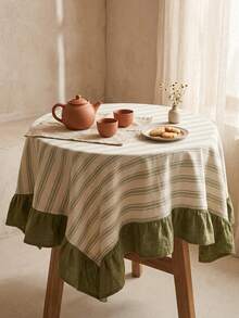 1pc Beige Base Green Fine Stripe & Olive Green Ruffle Edge Tablecloth, Fresh Natural Style Fabric Rectangular Tablecloth With Olive Green Ruffle Edge Patchwork Detail, Decorative & Functional For Daily Home Dining And Fresh Home Decor - Multicolor - View 4