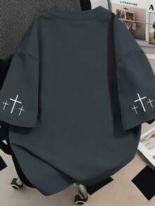 字母印花圓領女款大尺碼T恤上衣，適合夏季度假、母親節、情人節及日常休閒穿著 - 深灰色 - 查看 3