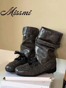 2025 New Kitten Heel Ruched Knee-High Stacked Boots Pointed Toe Over-The-Knee High Shaft Boots Vintage Wide Barrel Knight Boots - Grey - View 1