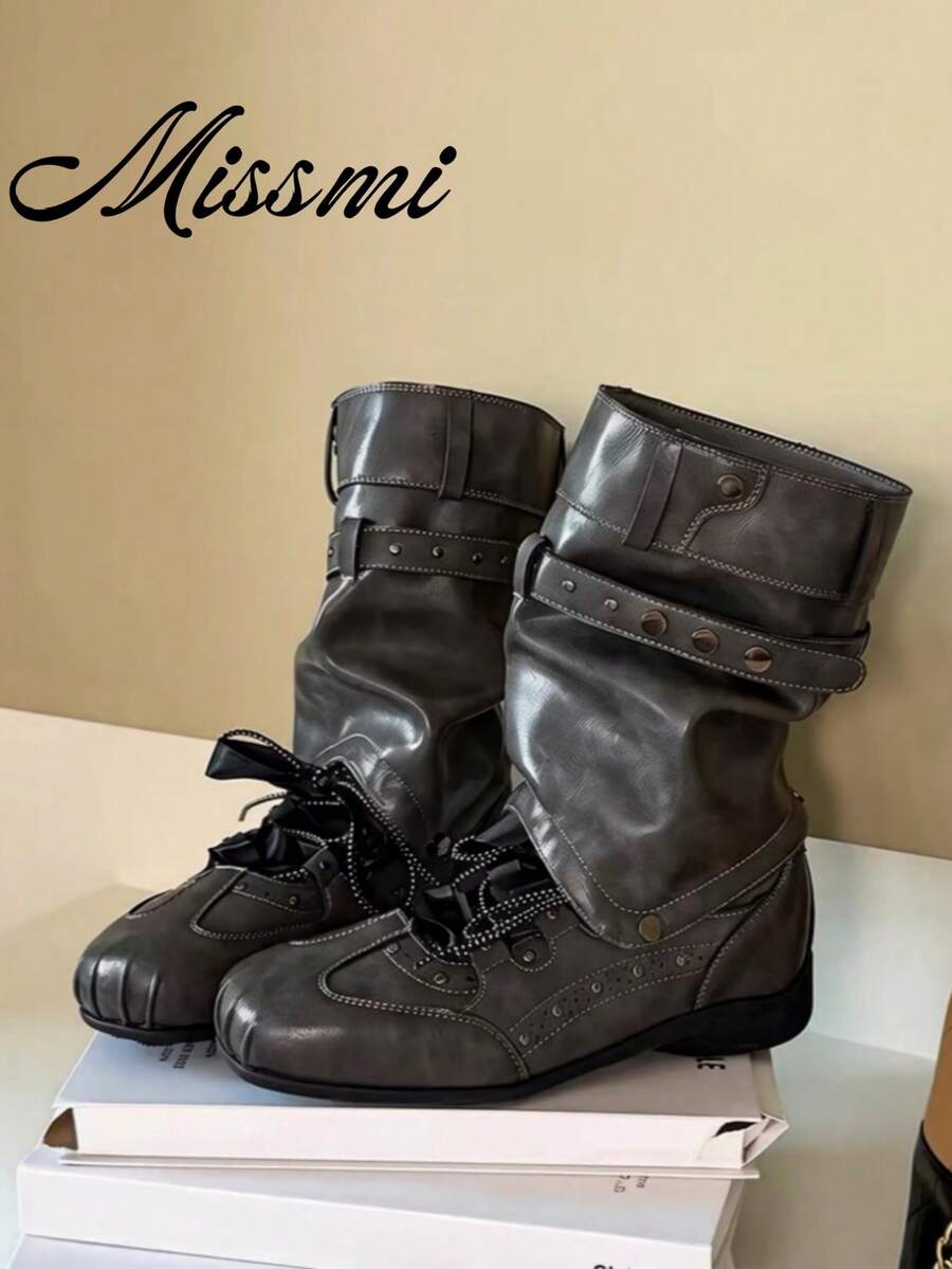 2025 New Kitten Heel Ruched Knee-High Stacked Boots Pointed Toe Over-The-Knee High Shaft Boots Vintage Wide Barrel Knight Boots - Grey - View 1