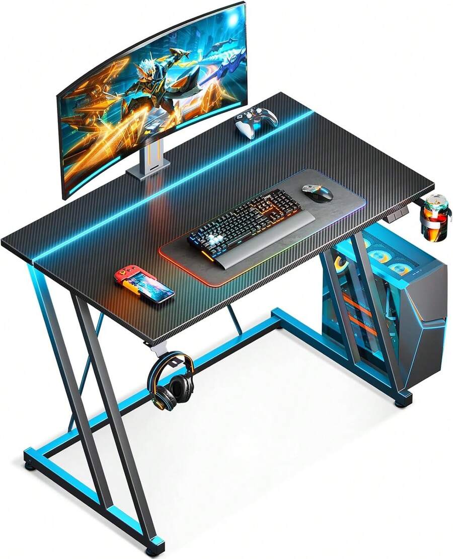 Escritorio gamer compacto 32 pulgadas con iluminación LED, mesa de PC textura fibra de carbono para espacios reducidos - Negro - Ver 1