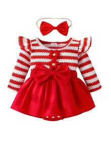 Sött 2-delat set för babyflicka, röd- och vitrandig 2-i-1-bodysuit med 3D-blomrosett, patchwork och colorblock, öppen gren och skort + röd rosetthårband - Röd - Visa 4