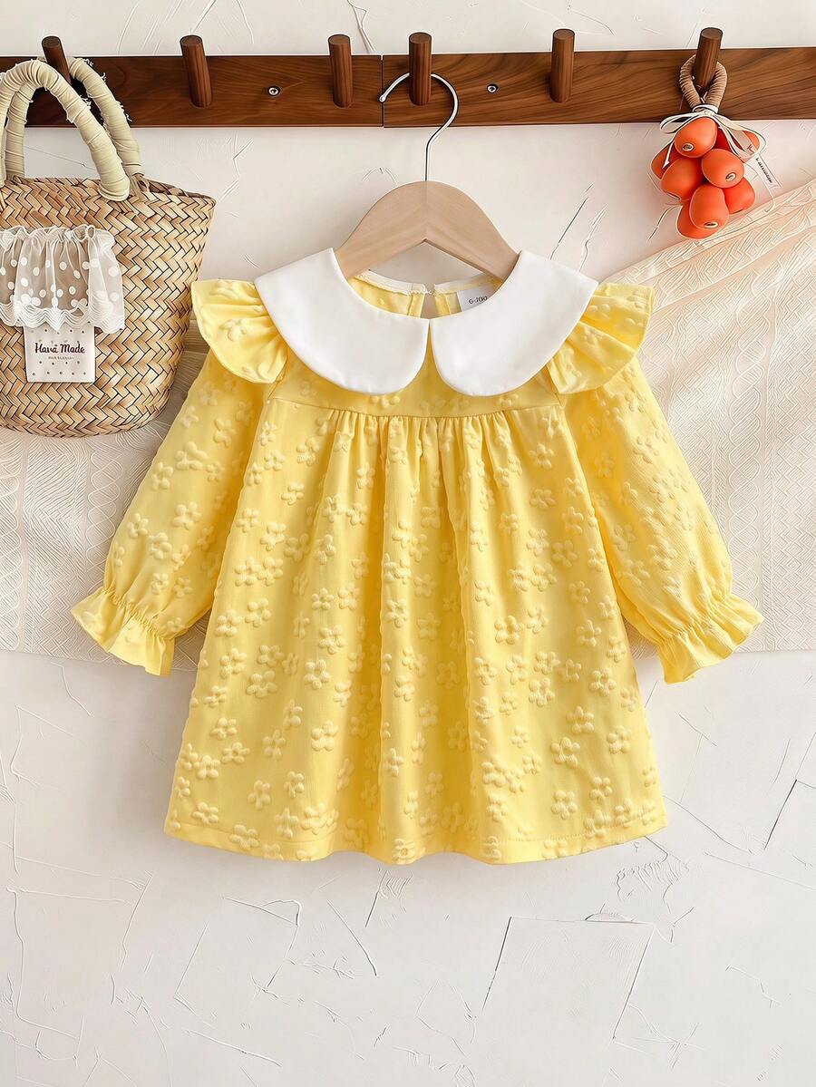 Gaun Jacquard Bunga 3D Kuning Gaya Putri untuk Bayi Perempuan, Gaun Lengan Panjang Kerah Berkerut Warna Kontras Manis Gaya Prancis, Musim Gugur/Semi - Kuning - View 1