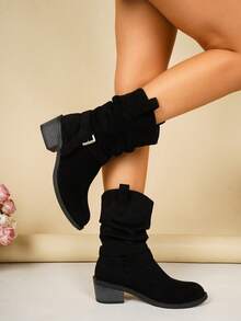 Women's Faux Suede Mid-Calf Ankle Boots With Buckle Chunky Heel Western Style Ruched Stacked Boots Commuter Boots - Black - View 6