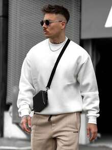 Sudadera de hombre de hombros caídos de un solo color, para otoño, parte superior de manga larga - Blanco - Ver 10