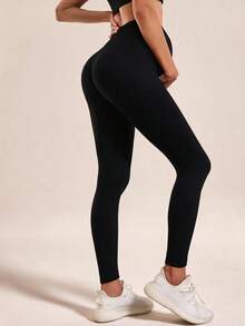 Maternity Seamless Solid Color High Waist Ribbed Waist Yoga Pants Leggings, Basic Slim Fit Sports Long Pants - Black - View 5
