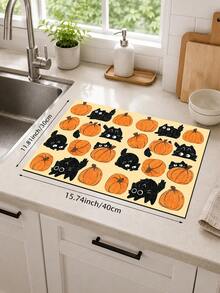 1pc Cat & Pumpkin Pattern Diatom Mud Kitchen Dish Drying Mat, Halloween, Can Be Used As Halloween Gift, Halloween Decoration, Absorbent Dish Drying Mat, Coffee Machine Mat, Dishwashing Mat, Sink Mat, Kitchen Countertop Protector, Suitable For Cups, Plates, Tableware And Kitchen Decor - Multicolor - View 14