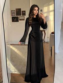 Women's Simple Elegant Tassel Detail Waist-Cinched Dress Black - Black - View 4