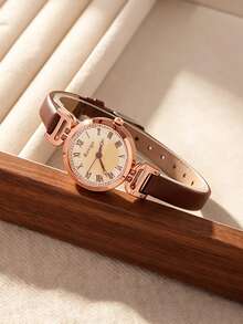 1PC Vintage Rose Gold Roman Numeral Quartz Women's Watch, Brown Leather Strap Commuter Style, Perfect Gift For Women - Brown - View 2