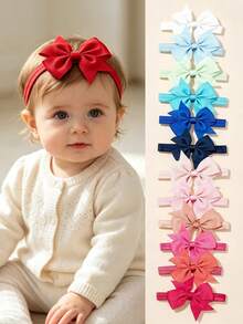 12/20PCS Solid Color Bow-Decorated Headband, Two Sets Available, Non-Slip Securing Headband, Versatile And Casual Baby Headband, Suitable For Everyday Wear. - Multicolor - View 1