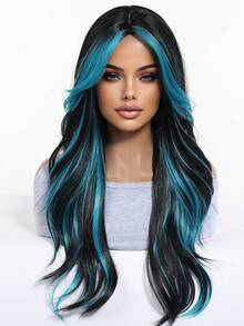 Topshe Ava WIGS 24英吋紅色挑染長波浪假髮，附簾幕瀏海，免膠水耐熱合成髮絲，無蕾絲，女款黑紅混色長波浪假髮，適合日常配戴、派對、Cosplay，多色假髮，女性完美萬聖節禮物 - 藍色 - 查看 4