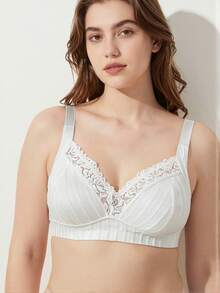 Rosiemei Plus Size Women Wireless Bra, Breathable Non-Slip Lace Patchwork Lift Up Adjustable Strap Seamless Everyday Wear - White - View 3