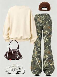 Teen Girls Personalized Fashion Allover Print Crew Neck Sweatshirt & All-Over Dried Leaf Print Pants 2pcs Set, Autumn Winter Outfit, Campus Style, Homecoming Wear - Apricot - View 2