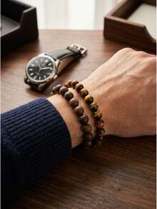 2pcs/Set Vintage Round Bead Bracelet Set, Wooden Texture And Tiger Eye Stone-Like Beads Elastic Wristband, Suitable For Men's Daily Wear - 2 Bracelets - View 4